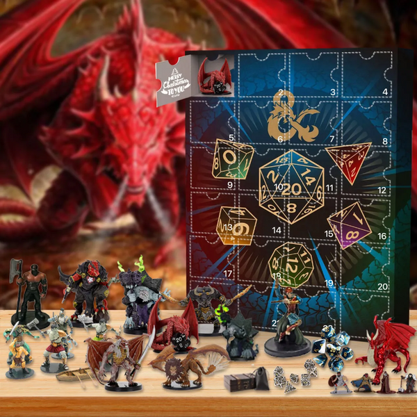 Kalendarz adwentowy RPG fantasy z figurkami i kośćmi do gry