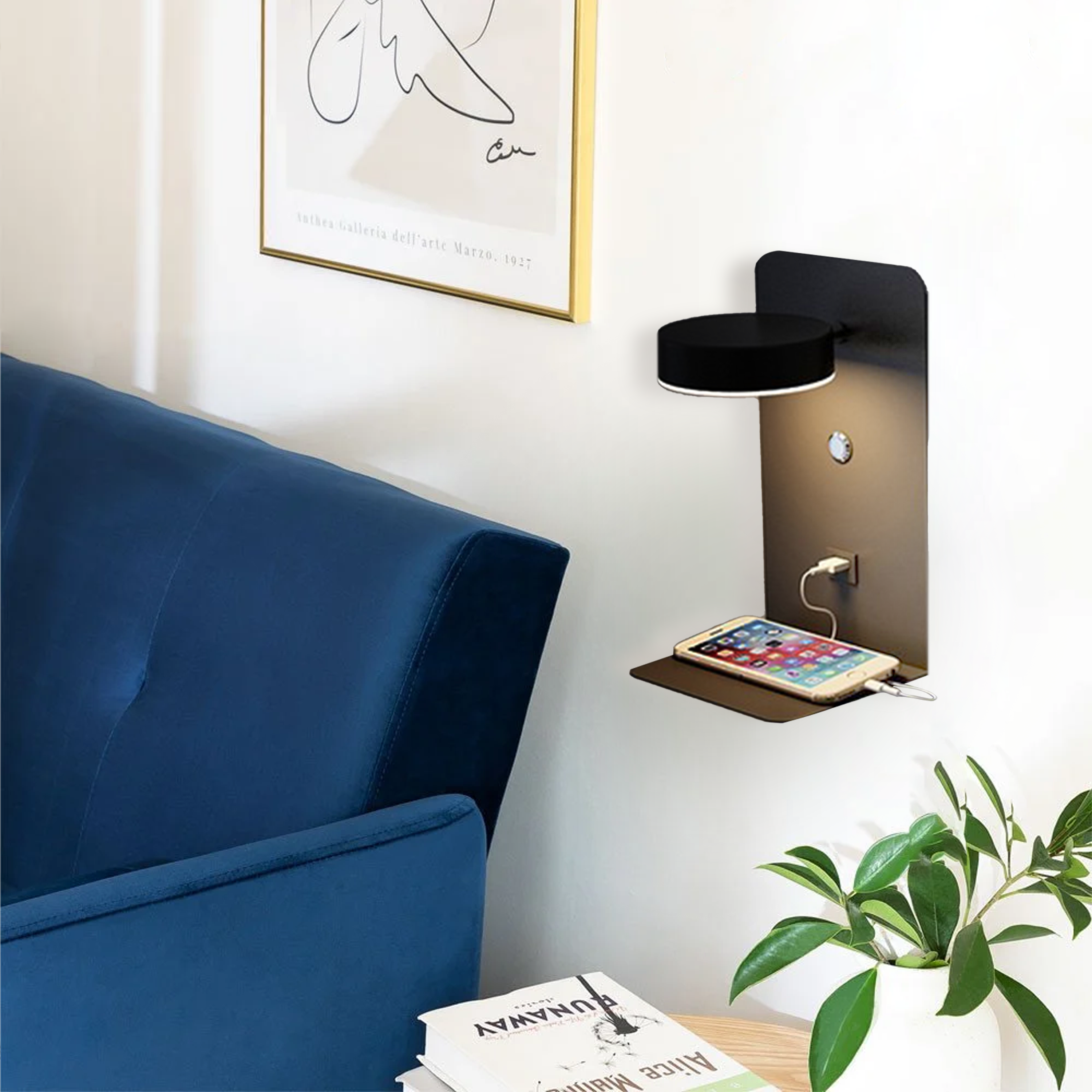 Lampa ścienna LED nowoczesna USB półka