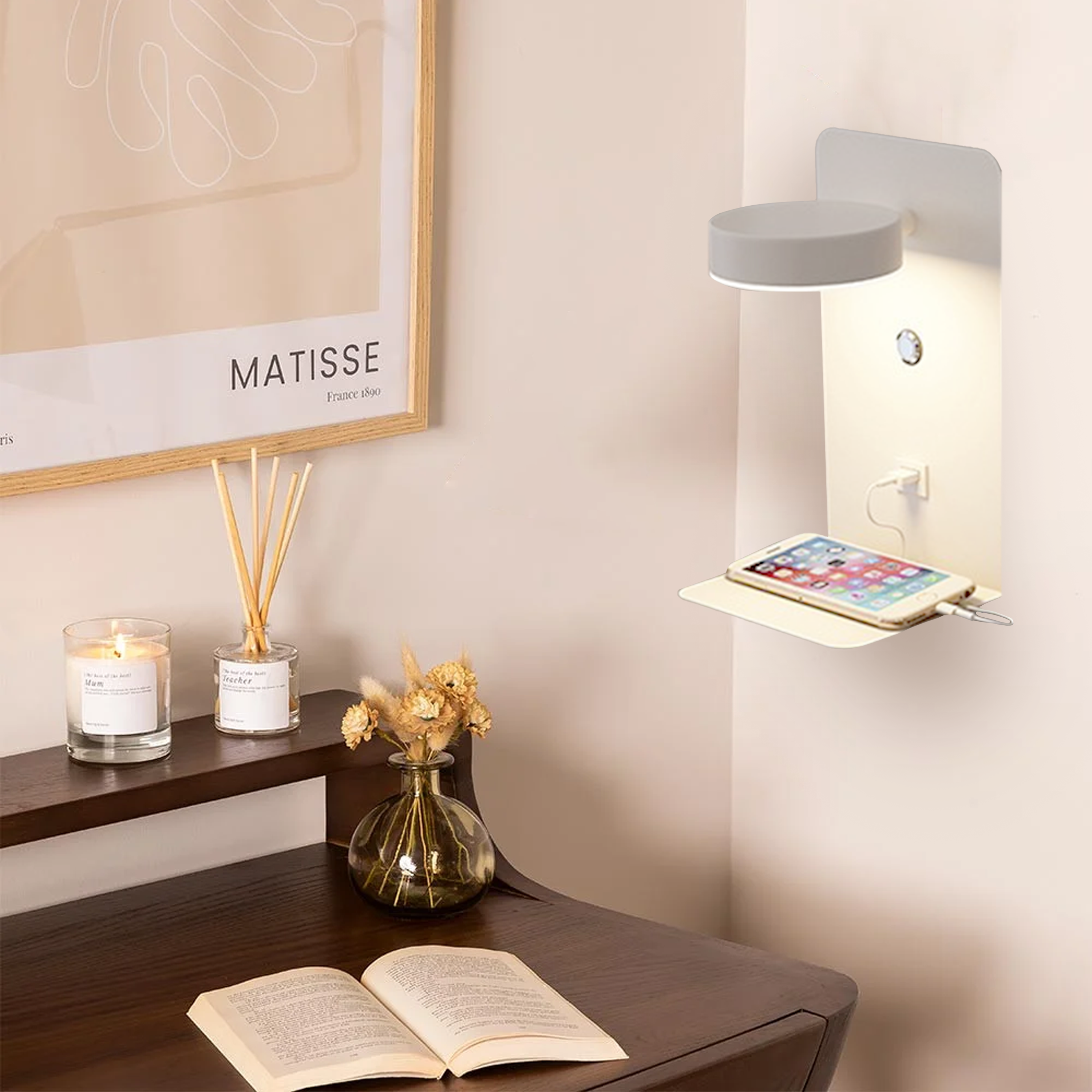 Lampa ścienna LED nowoczesna USB półka