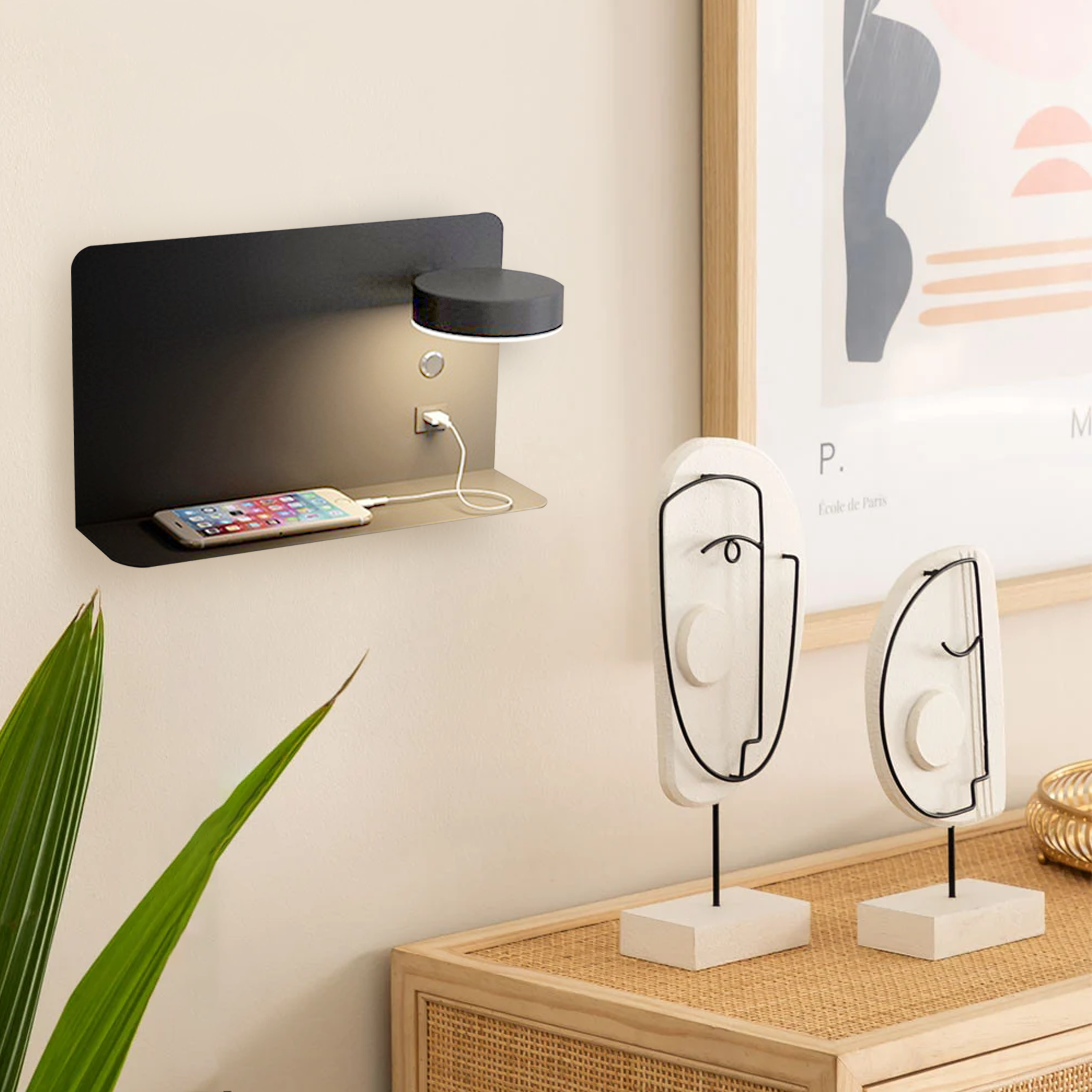 Lampa ścienna LED nowoczesna USB półka