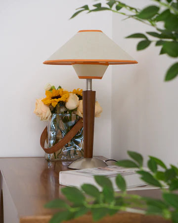 Lampa stołowa nowoczesna drewniana led materiałowa