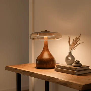 Lampa stołowa nowoczesna led drewniana okrągła