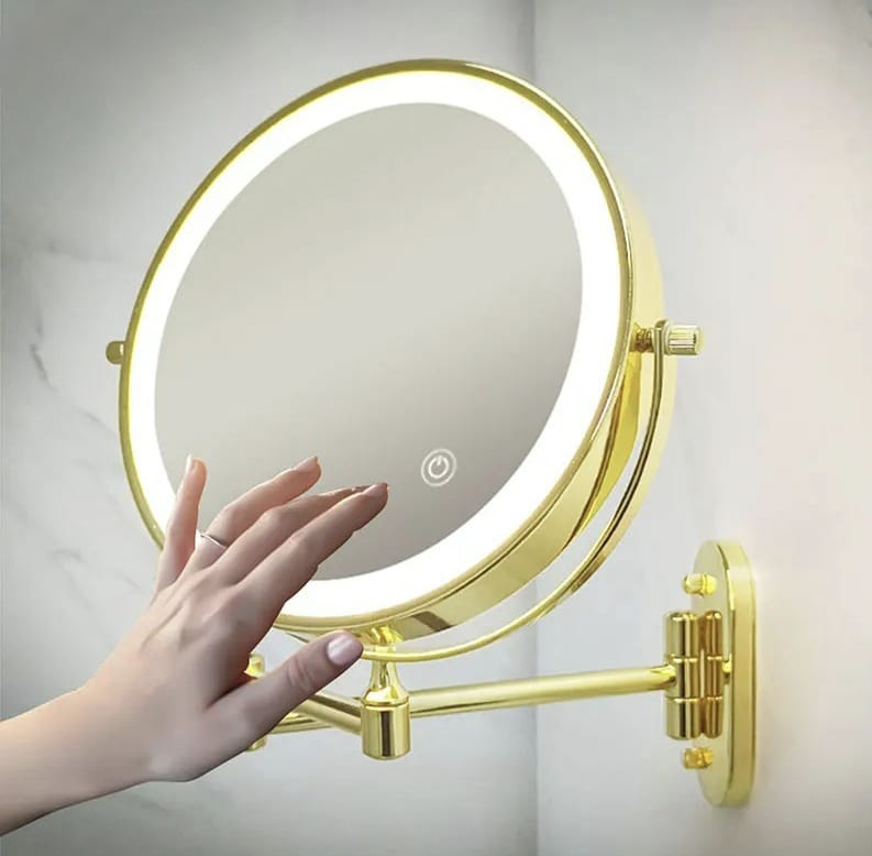 LED magnifying cosmetic mirror, double-sided, wall-mounted, foldable