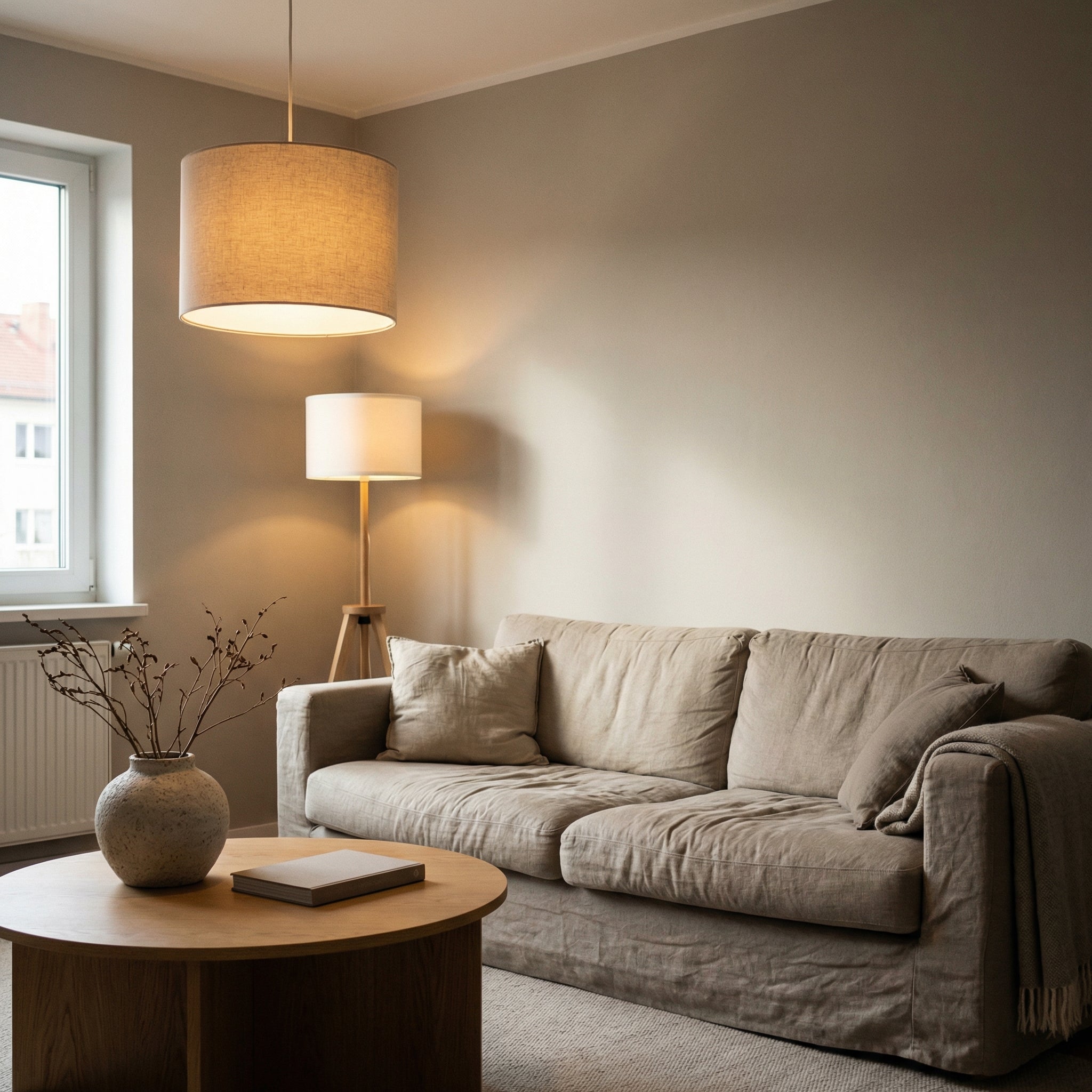 Lampa wisząca z tkaninowym abażurem oraz drewniana lampa podłogowa na trójnogu w salonie, nowoczesne oświetlenie do salonu w stylu skandynawskim, lampy do strefy wypoczynkowej