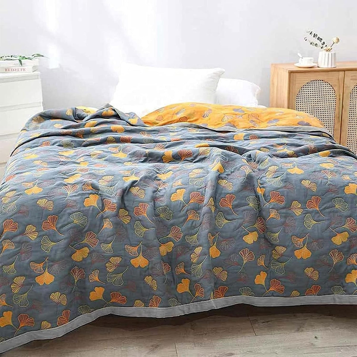 Colorful reversible quilted floral bedspread
