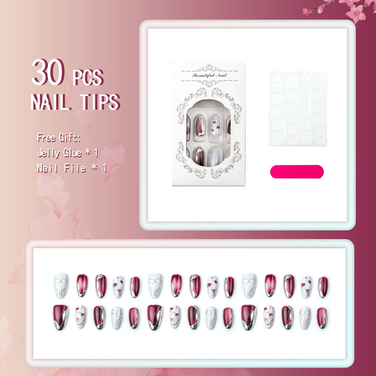 Burgundy chrome almond-shaped artificial nails with designs